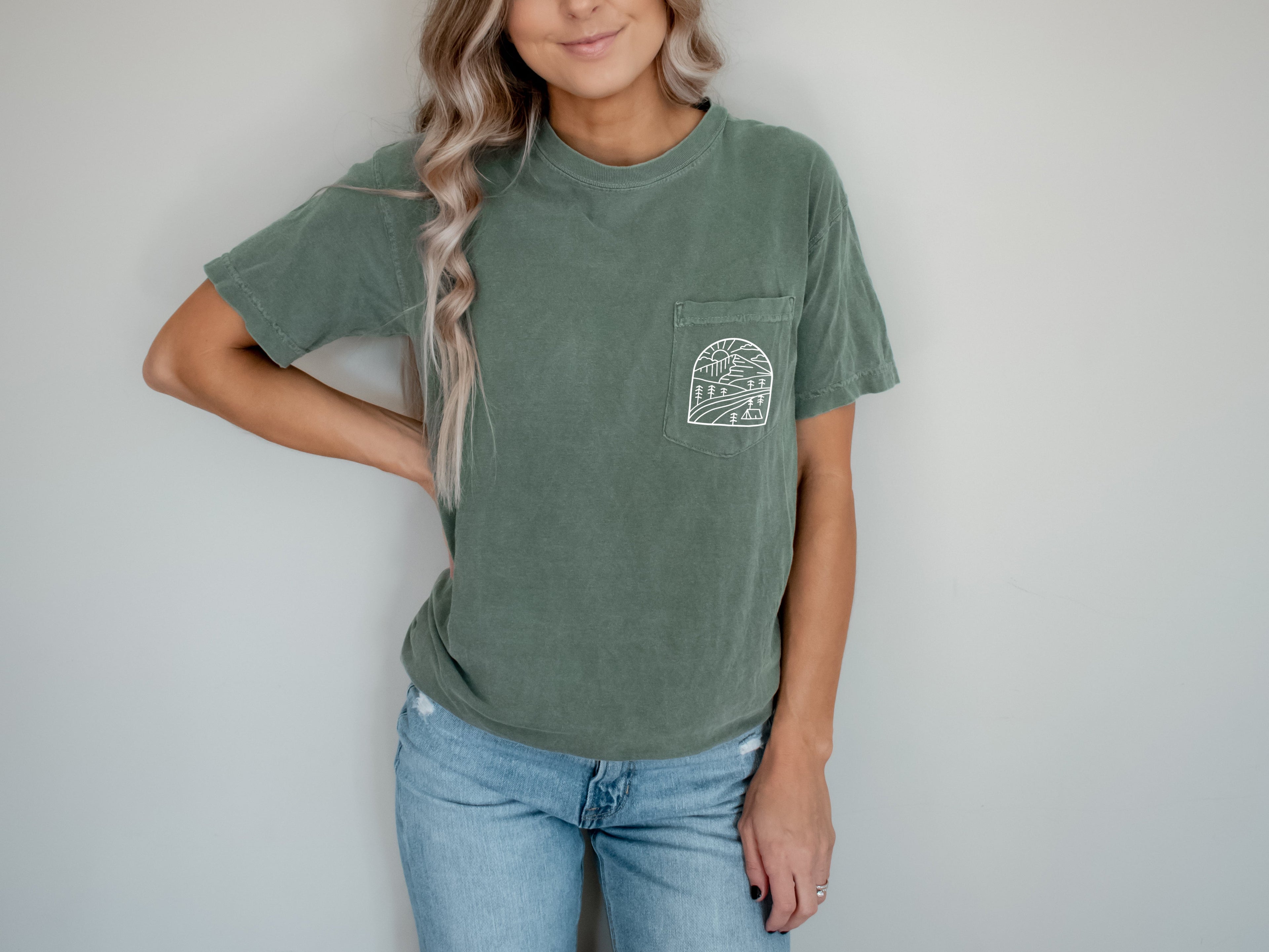 Outdoor Mountain Nature Comfort Colors Pocket T Shirt | Camping, Hiking, Plant (Window)