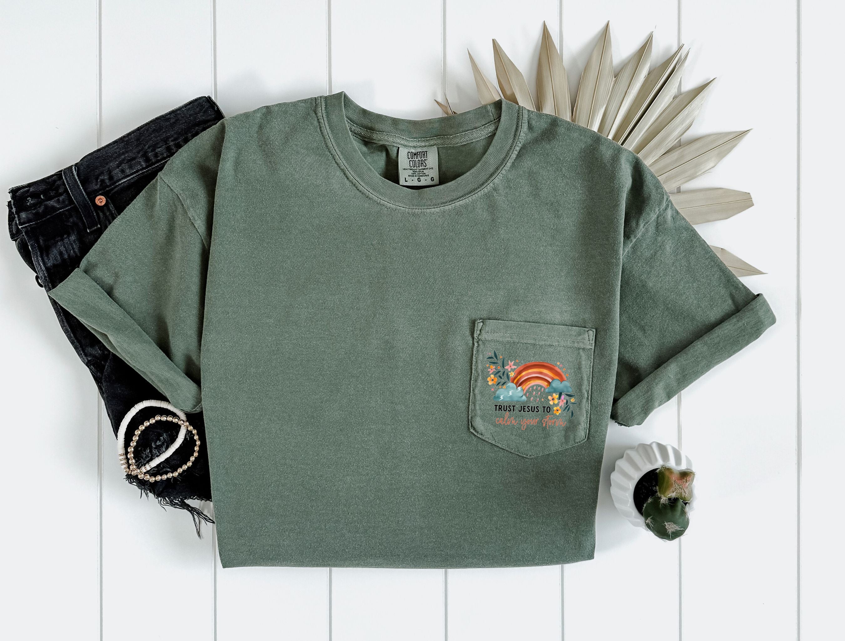 Trust Jesus to Calm your storm Comfort Colors Pocket T Shirt |Bible, Christian shirt